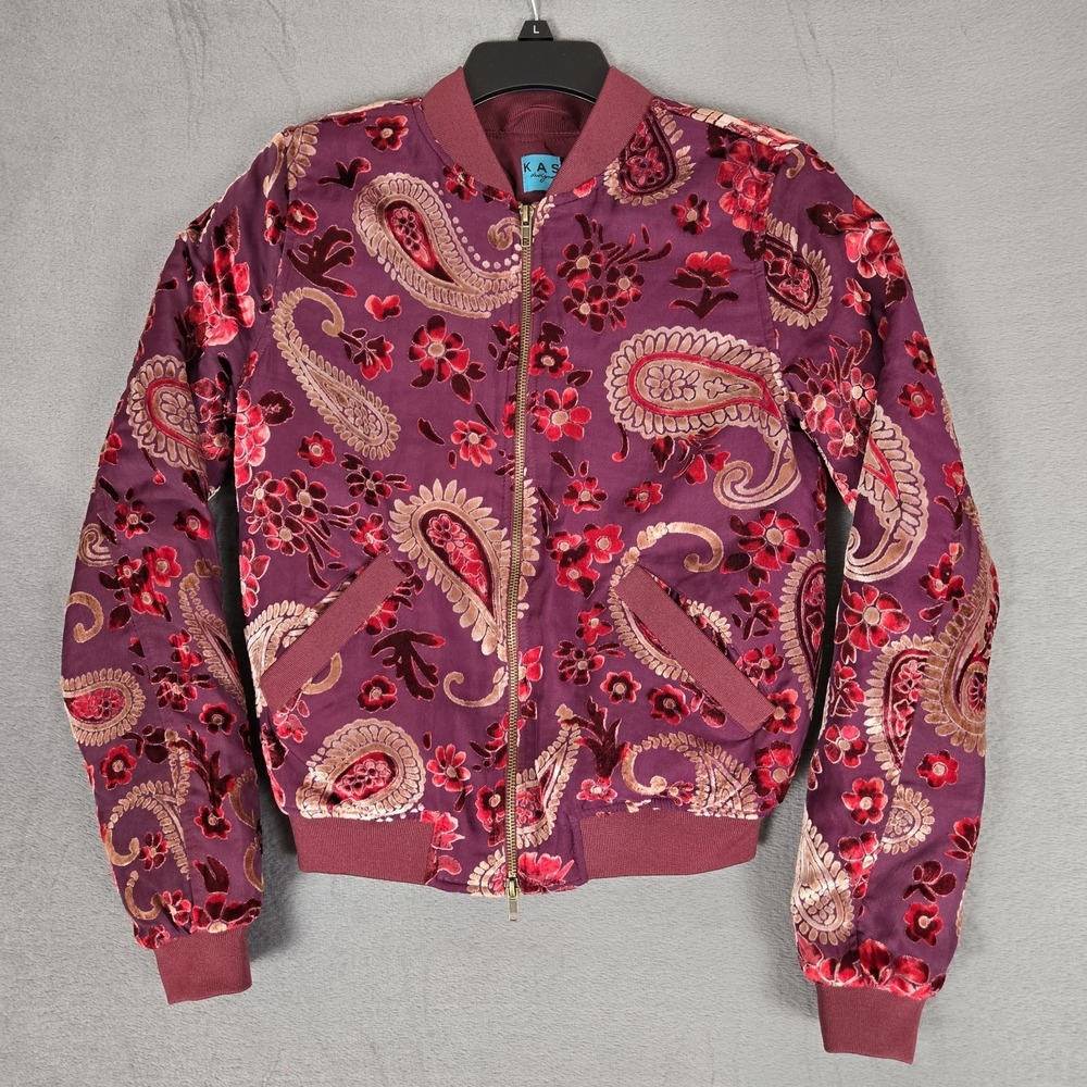 KAS New York Bomber Jacket Womens‎ XS Burgundy Velvet Paisley Ashlyn Burnout